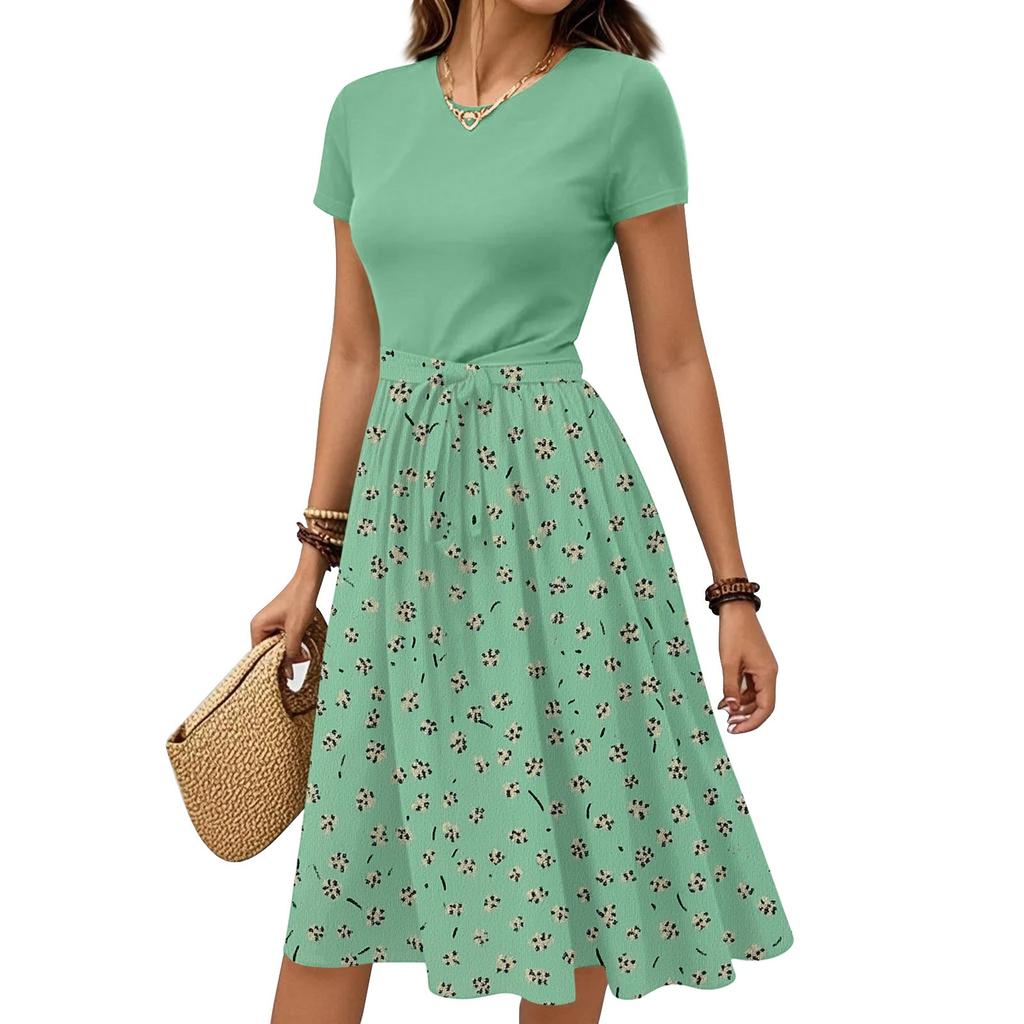 Women's Casual Fashion Belted Floral Print Short Sleeve Round Neck Elegant Dress
