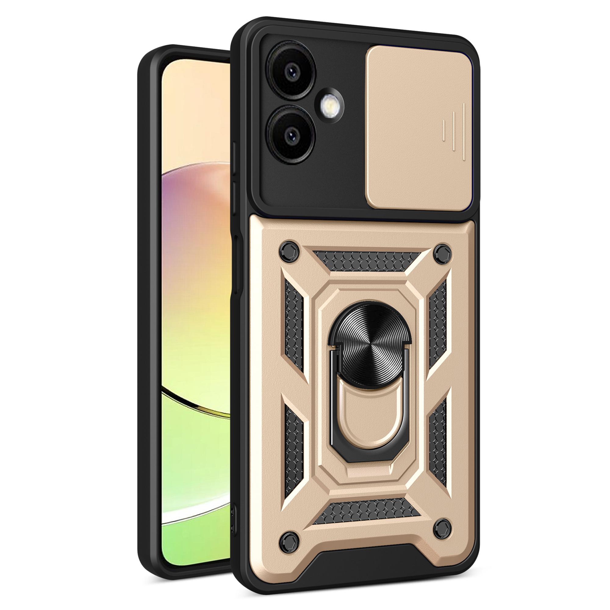 

For Samsung Galaxy A06 4G Case with Slide Camera Lid PC+TPU Kickstand Phone Cover Gold