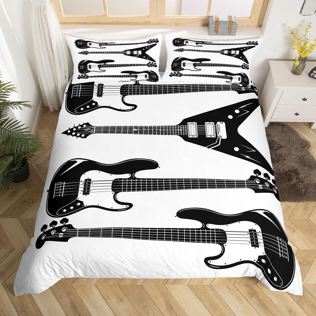 Guitar Duvet Cover Full Queen Tropical Blooming Floral Bedding Set For Kids Music Lover Musical Quilt Cover With 2 Pillowcases
