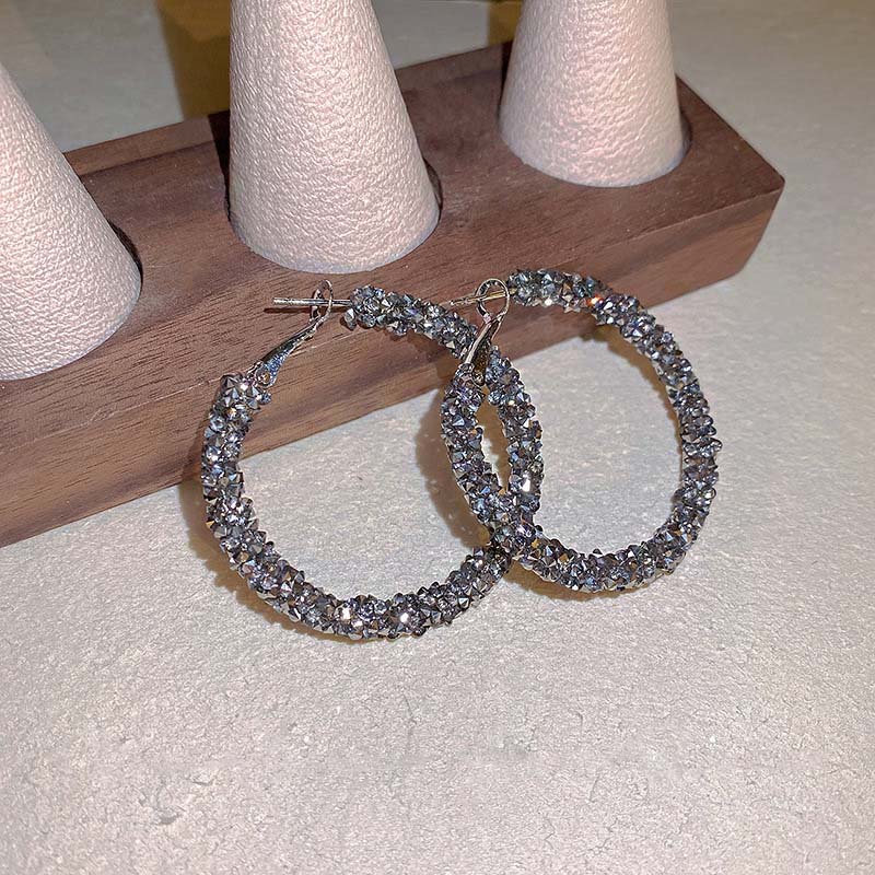 Fashion Black Rhinestone Hoop Earrings for Women Exquisite Elegant Crystal Big Round Geometric Earrings Jewelry Gifts