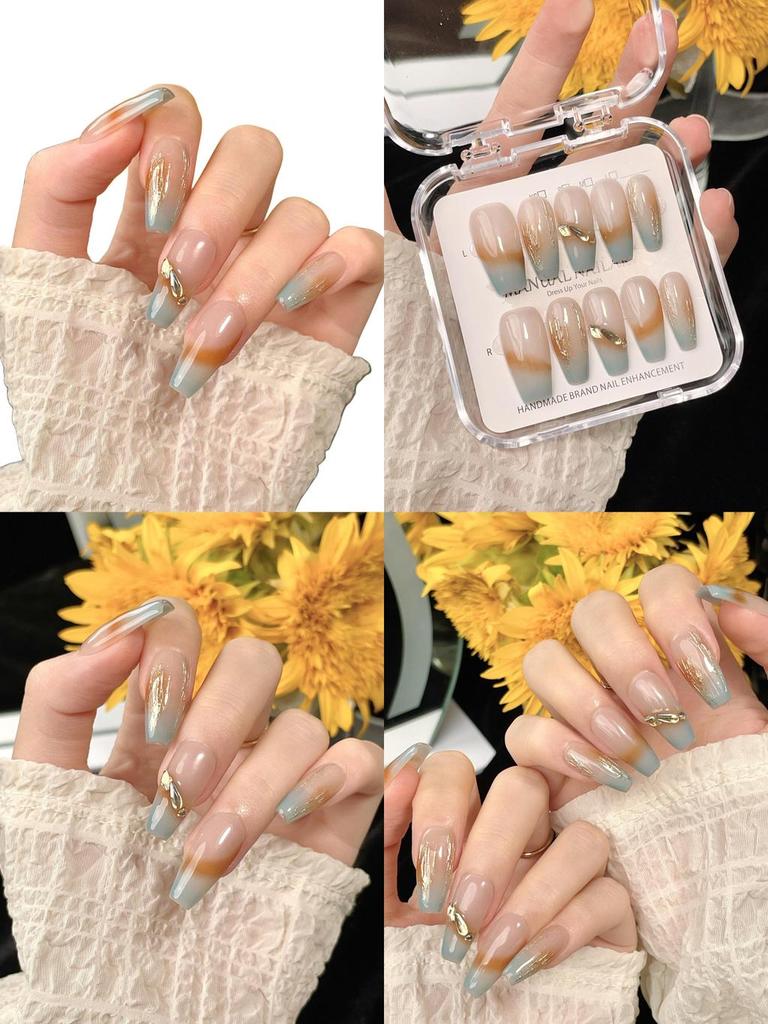 Handmade Ice Transparent Marble Patterned Nail Stickers For Women Long Style Removable Forest Mist Color