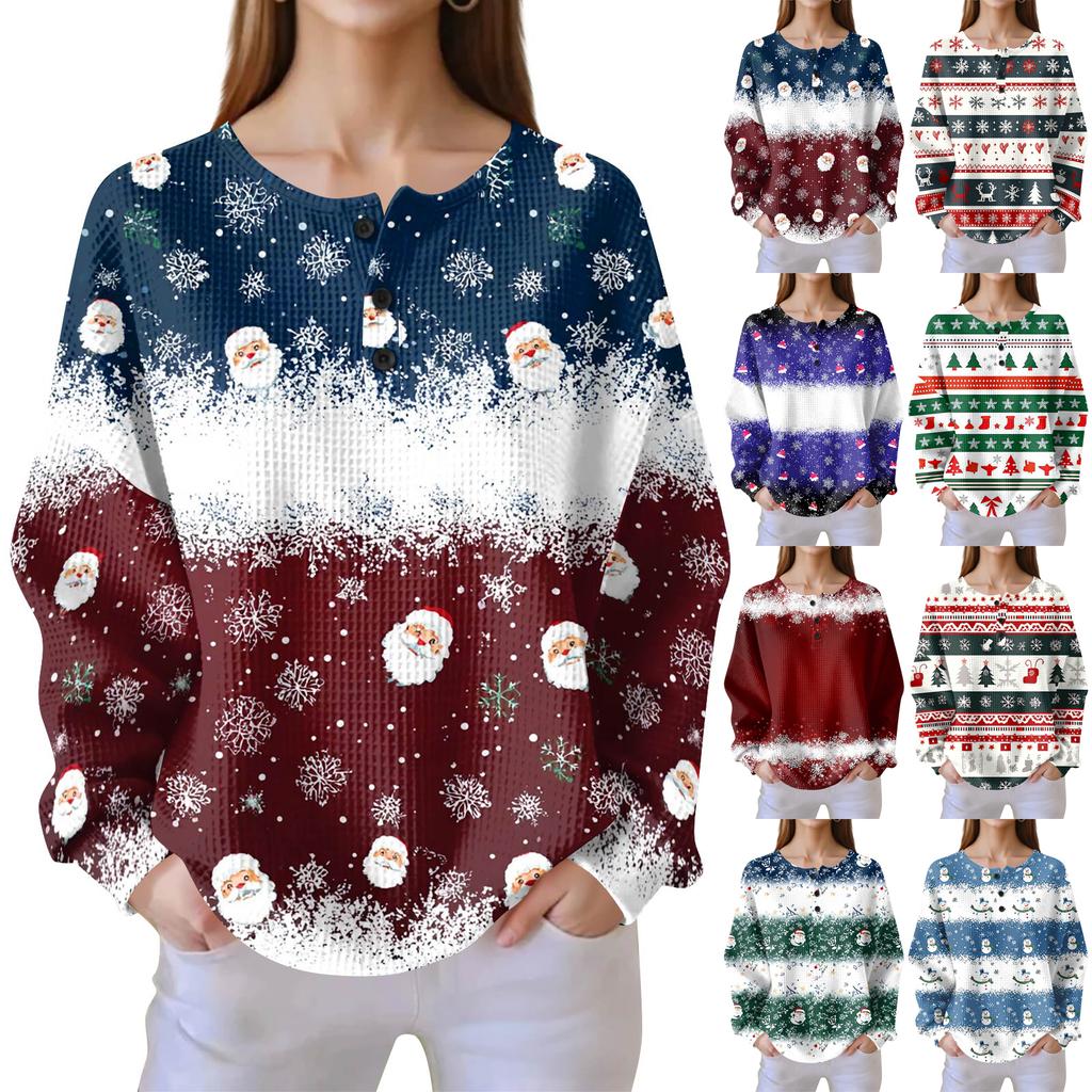 Camicia da donna alla moda casual con stampa natalizia, scollo a V, maniche lunghe e abbottonatura.