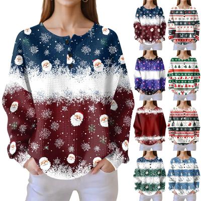 Damen Modische Lässige Weihnachts-Print V-Ausschnitt Langarm Knopfleiste Bluse