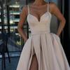 Lady Dress Side Slit A-Line Satin Sleeveless Spaghetti Straps Banquet Dress for Parties