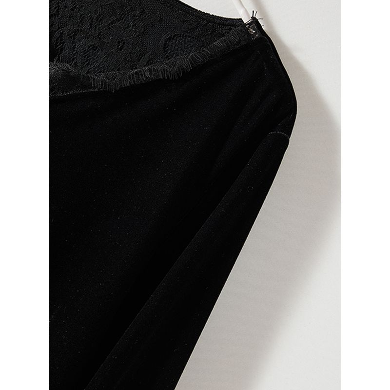 French Style Foreign Trade Order Soft Shirts! Women Eyelash Lace Stitching Fake Two Pieces V-neck Real Velvet Long Coat Autumn and Winter