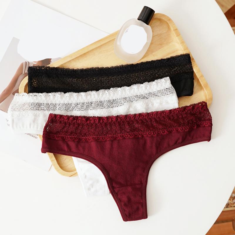 CINOON Tanga de Algodón Sexy para Mujer de Cintura Baja con Ribete de Encaje, Tipo G, Braguitas Suaves, Transpirables y de Ajuste Ceñido