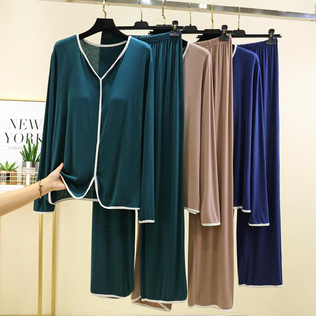 Modal Long-Sleeve Chest Pad Pajama Set for Women - Autumn/Winter Casual Two-Piece with Edging
