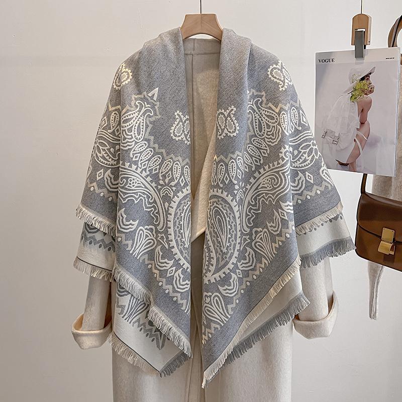 Dámský luxusní kašmírový šátek - Zimní šála s etnickým potiskem a třásněmi, Pashmina zábal & Pončo Foulard