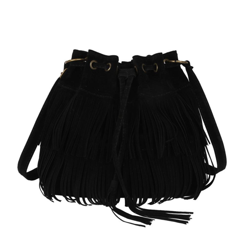 Korean Style Suede Handbag PU Leather Drawstring Bucket Bag Fashion Tassel Shoulder Bag  Women