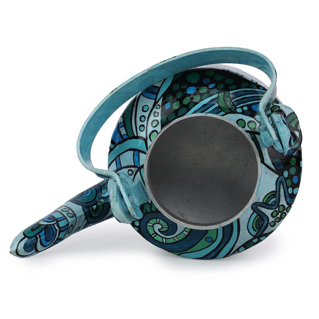 Handpainted Aluminium Decorative Kettle | Turquoise & Blue Abstract Art Print