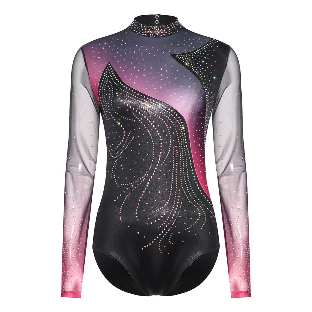 Womens Figure Skating Leotard Rhinestone Long Sleeve Hollow Out Design Ballet Gymnastic Training Bodysuit