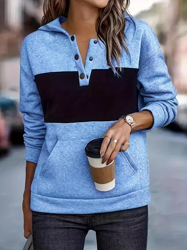2026 Autumn Women's Hooded Patchwork Casual Sweatshirt with Classic Buttons - European and American Style