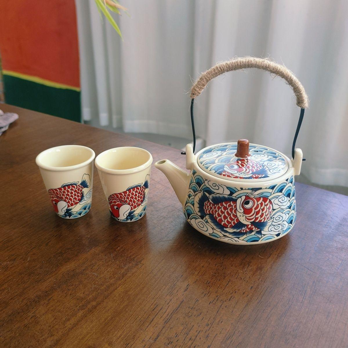 Kung Fu Carp Fish Tea Set, Ceramic Tea Infuser, Travel Portable TeaPot, TeaCup, Tea-Water Separation, Handle-Hanging Pot