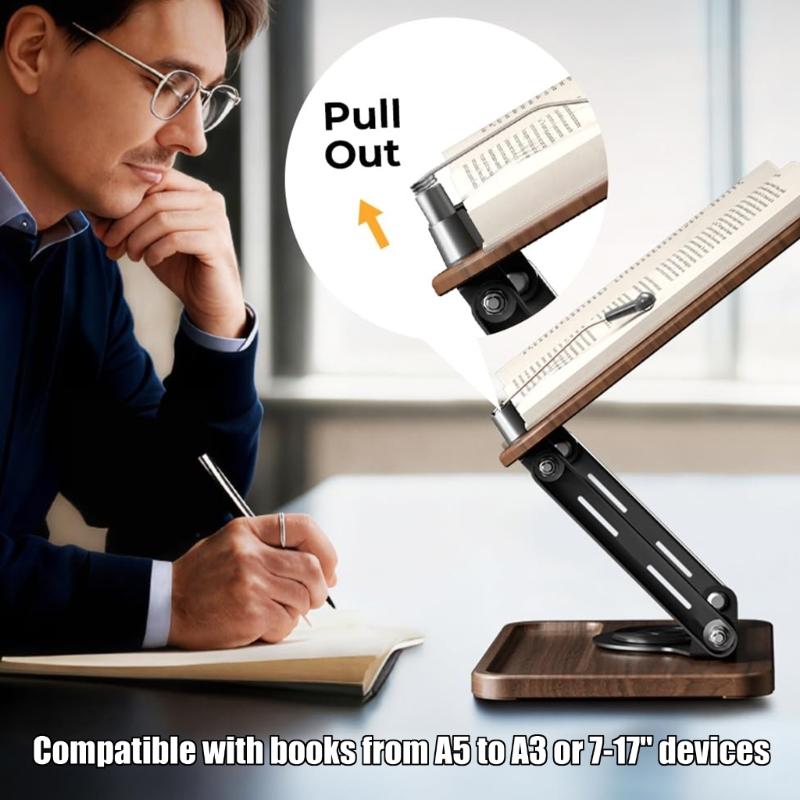 Adjustable Bookstand for Study and Cooking 360 Smooth Rotation Expandable Page Clip Heavy Duty Wood Base Mini Storage