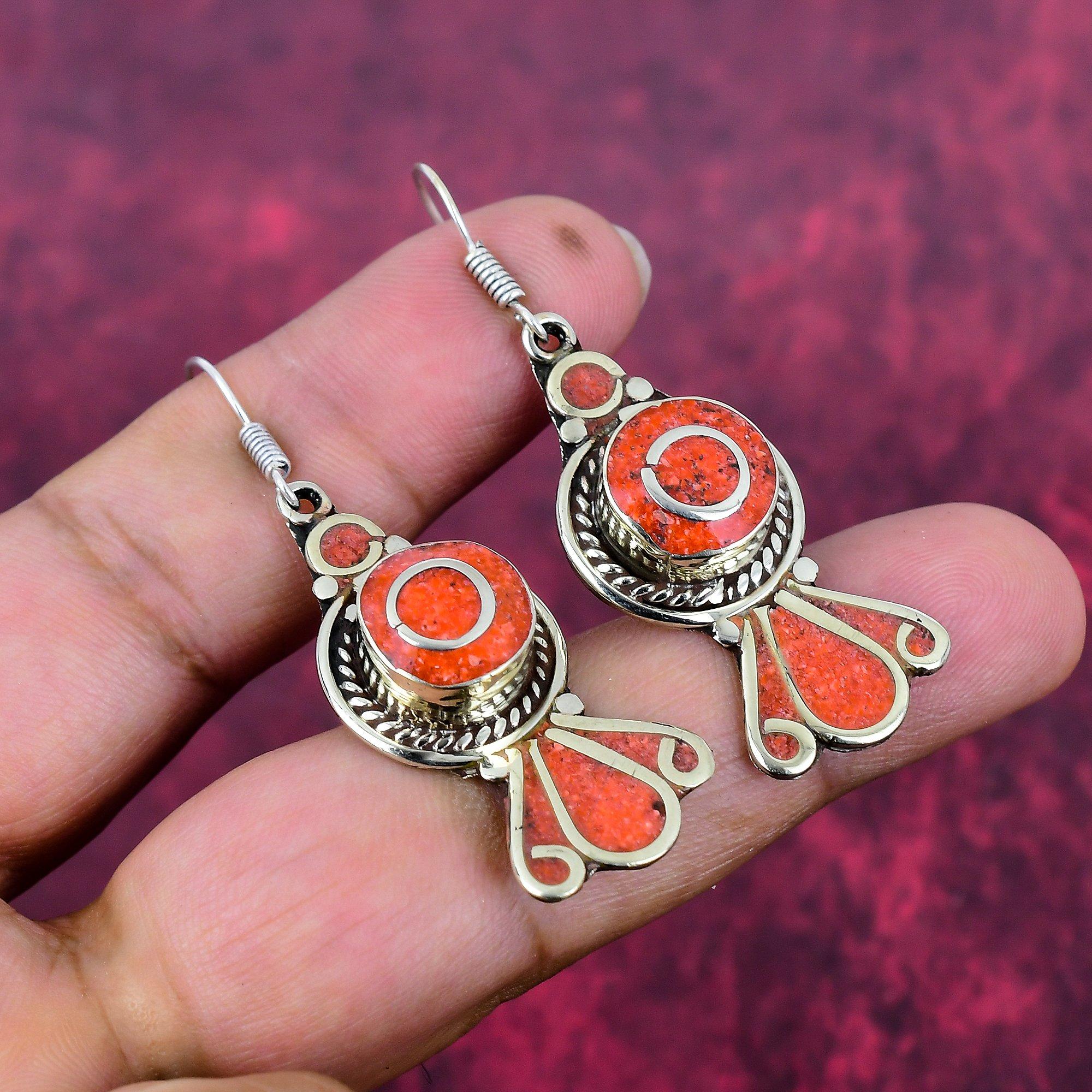 

Коралловые серьги из цельного стерлингового серебра 925 пробы в непальском стиле, Ювелирные изделия с драгоценными камнями ручной работы, Подарки для жены, Совершенно новые серьги 2.08 Inches