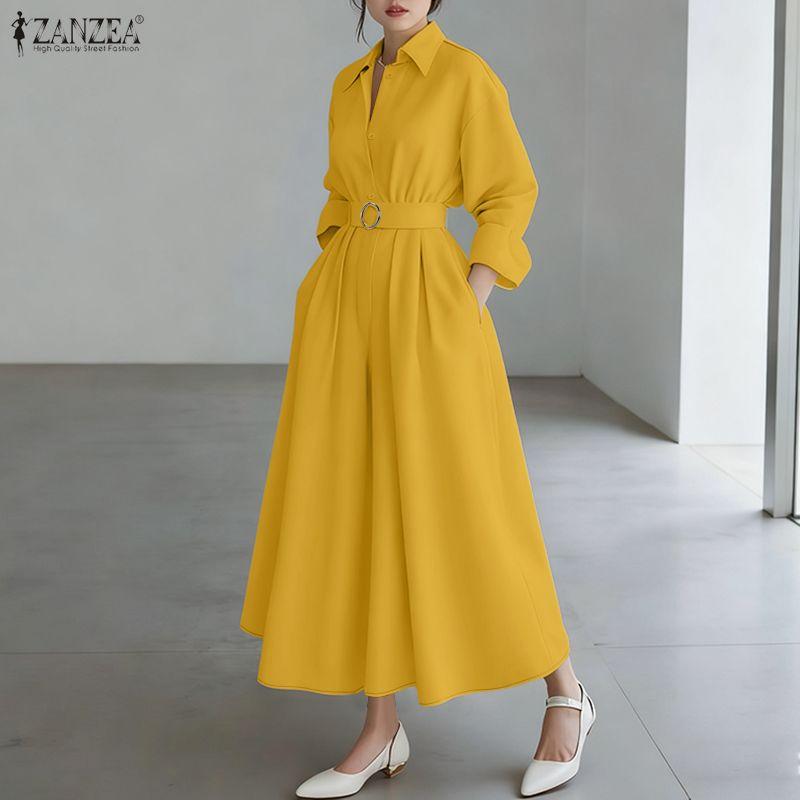 ZANZEA Women Turn Down Collar Loose Casual Long Sleeve Shirt Dress