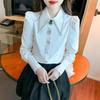 Women Autumn New Polo Collar Shirt Fashion and Elegant Studded with Diamonds Solid Buttons Casual and Versatile Long Sleeve Tops
