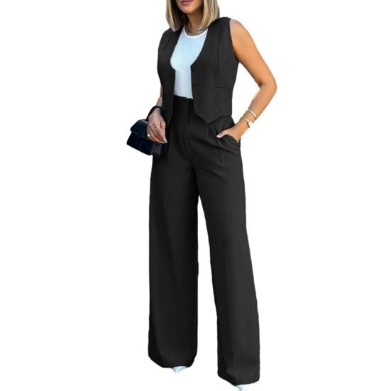 Damen 2-teilige Business-Outfits V-Ausschnitt Knopfleiste Crop Westen-Tops und High-Waist Hosen Set Sommer Büro Arbeitsanzug