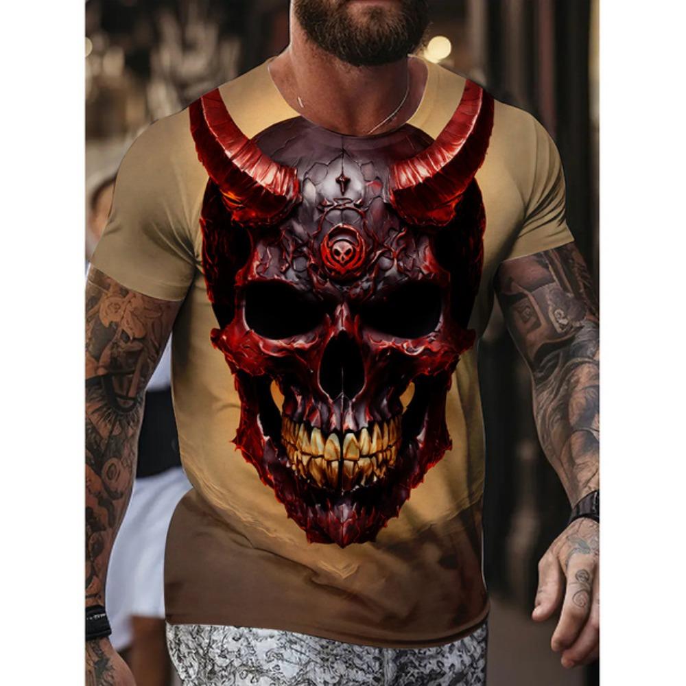 New Men's Fun Skull Pattern T Shirt Suit Mob Skull Print Short Sleeve Summer Casual Loose Round Neck T Shirt Breathable Top