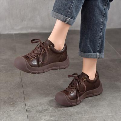 Retro Genuine Leather Lace Up Women's Shoes Casual Soft Sole Versatile All Season Shoes