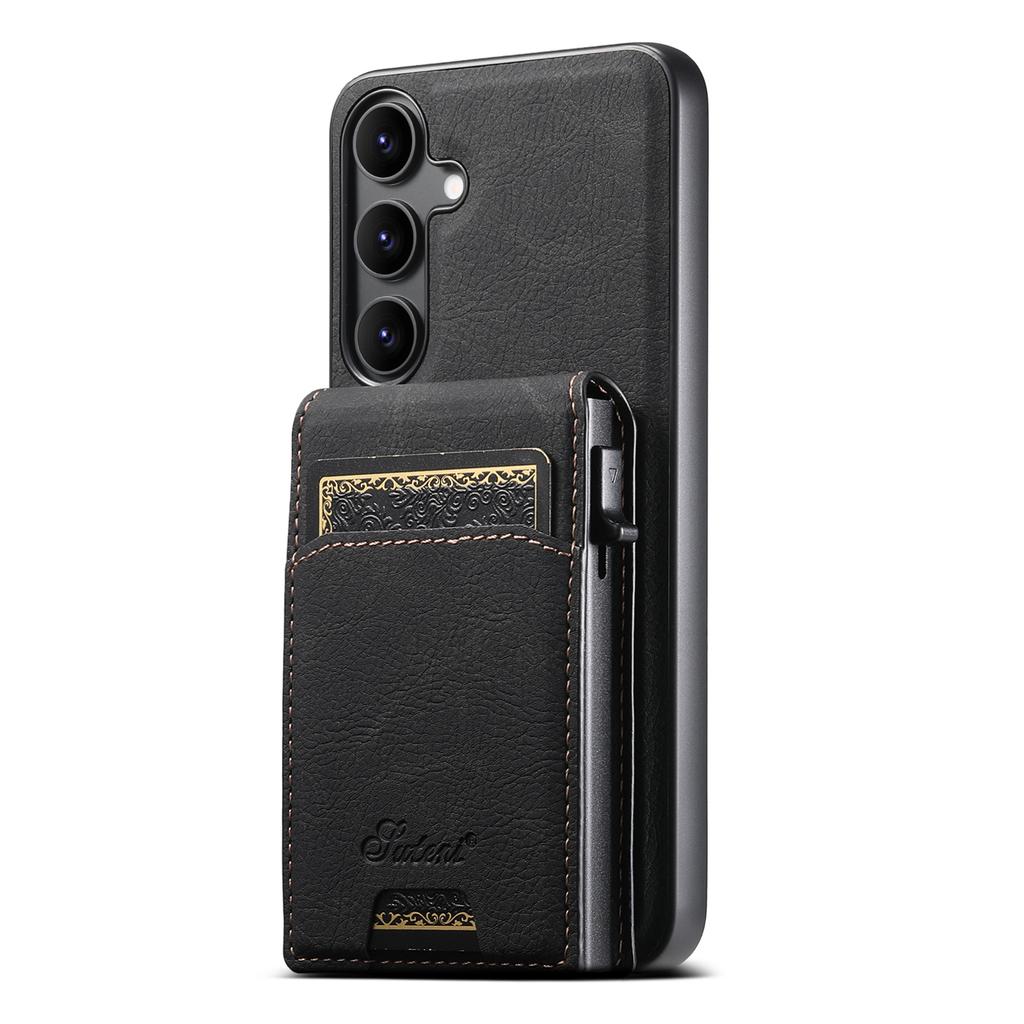 SUTENI H19 For Samsung Galaxy S25 Magnetic Case Card Holder Kickstand Litchi Texture Leather Back Cover