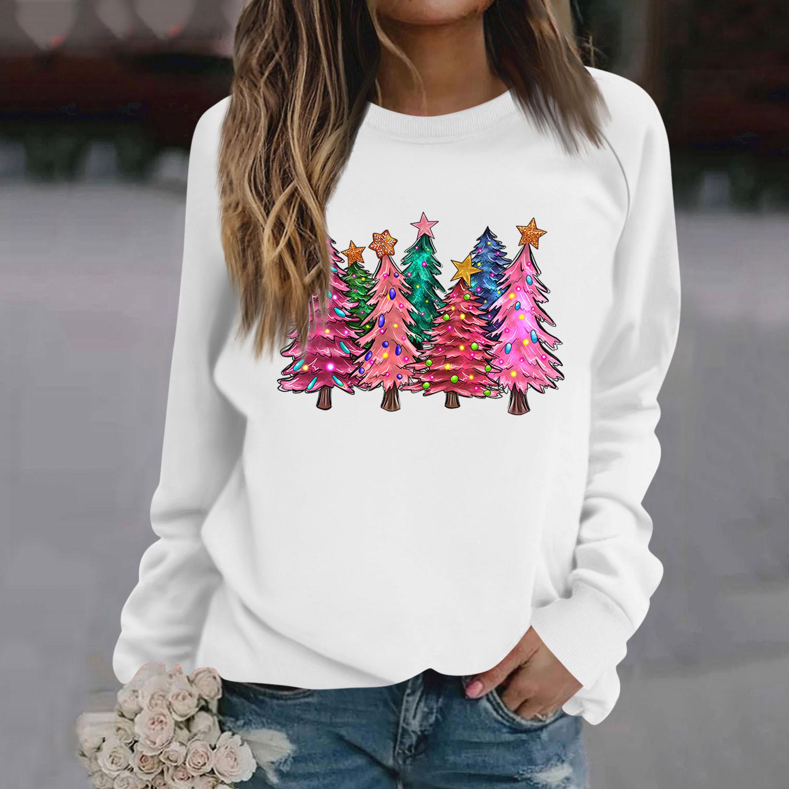 

Женские футболки, свободные, модные и повседневные толстовки с круглым вырезом и длинными рукавами с рождественским принтом XL белый