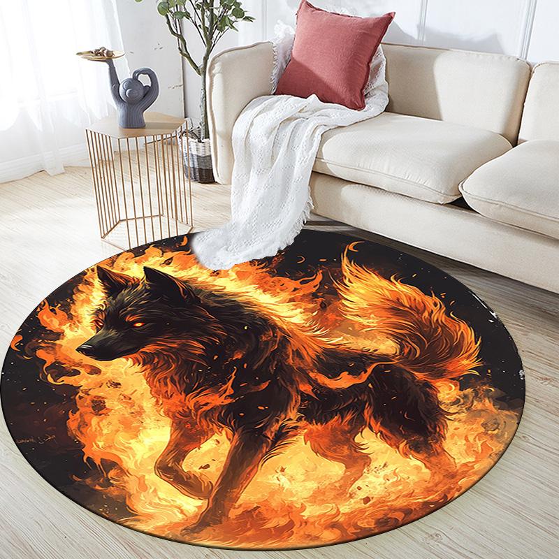Flaming Wolf Round Area Rug,Carpet Rug for Living Room Bedroom Sofa Playroom Decor,Non-slip Floor Mat