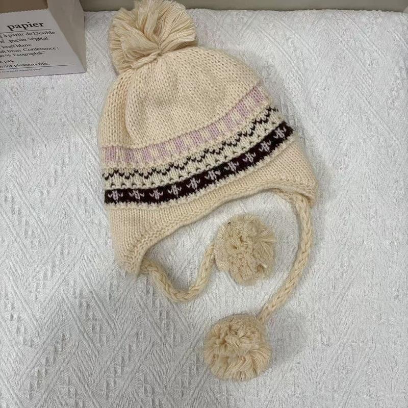 

Winter Warm Hat Fashion For Women Cap Outdoor Fair Isle Thickened Cap Protect Ears Warm Wool Couple Cap Cold Hat бежевый