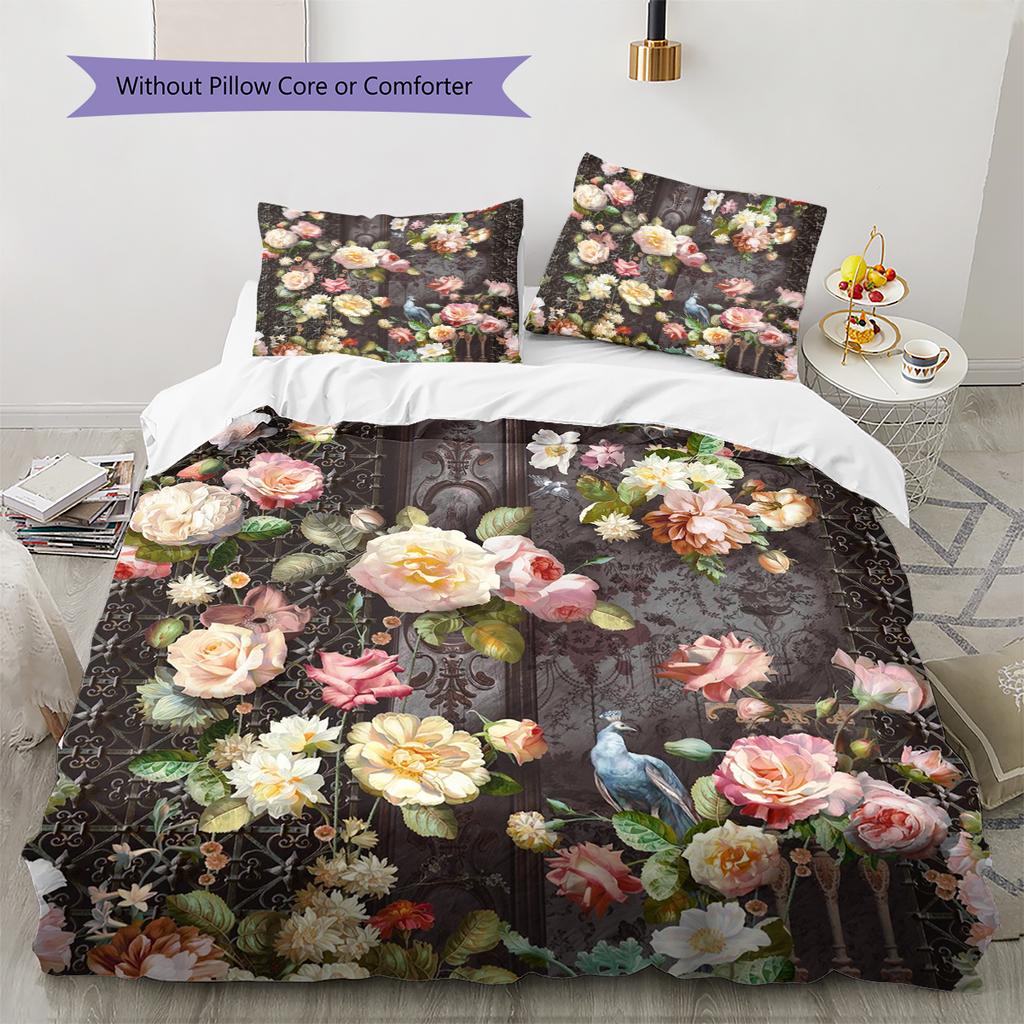Vintage Floral Bird Pattern Bedding Quilt Set Quilt Cover Pillowcase Home Decoration Gift (1 * duvet cover + 2 * pillowcase, without core)