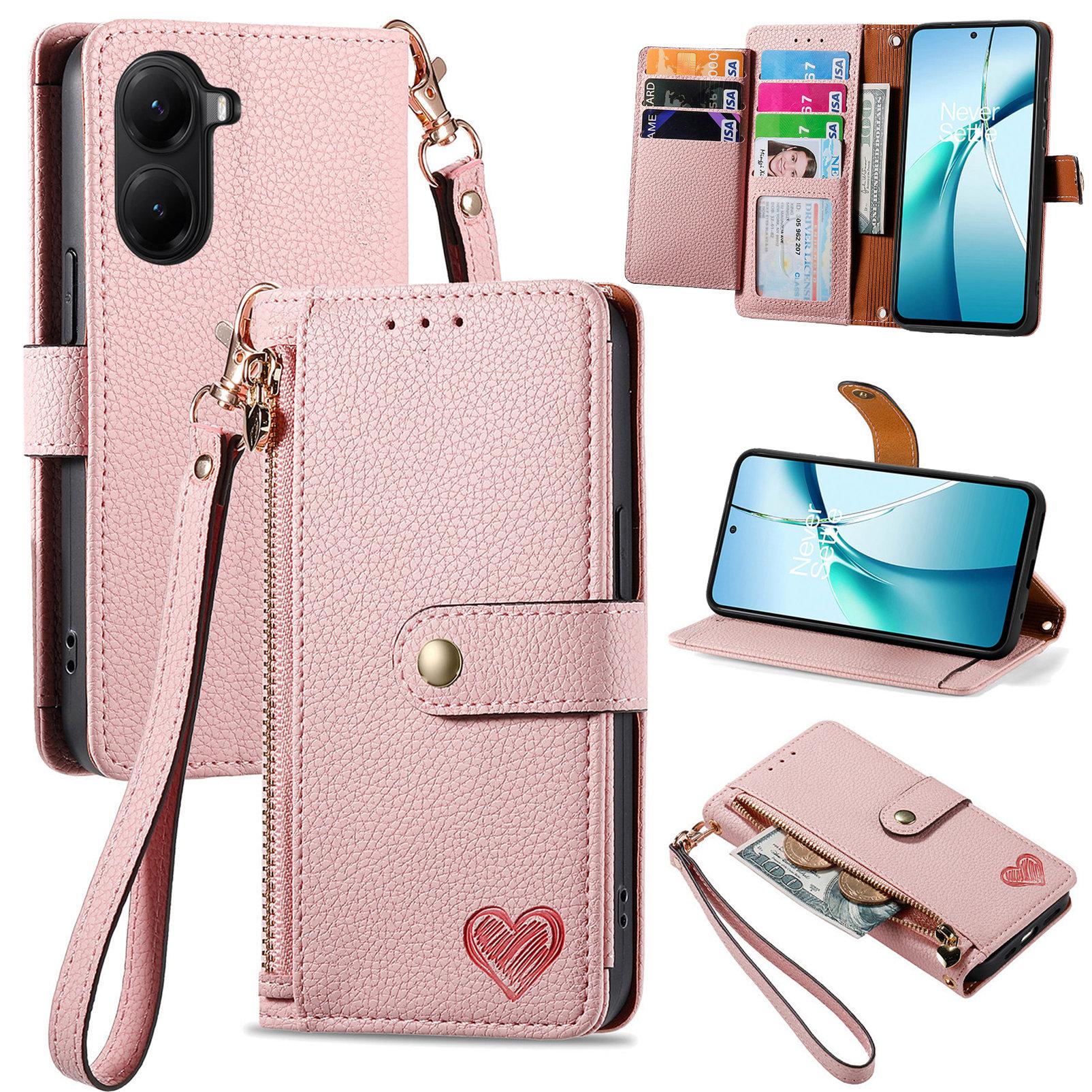 

For Xiaomi Poco X7 Pro 5G Case RFID Blocking Zipper Pocket Leather Wallet Phone Cover with Strap Pink