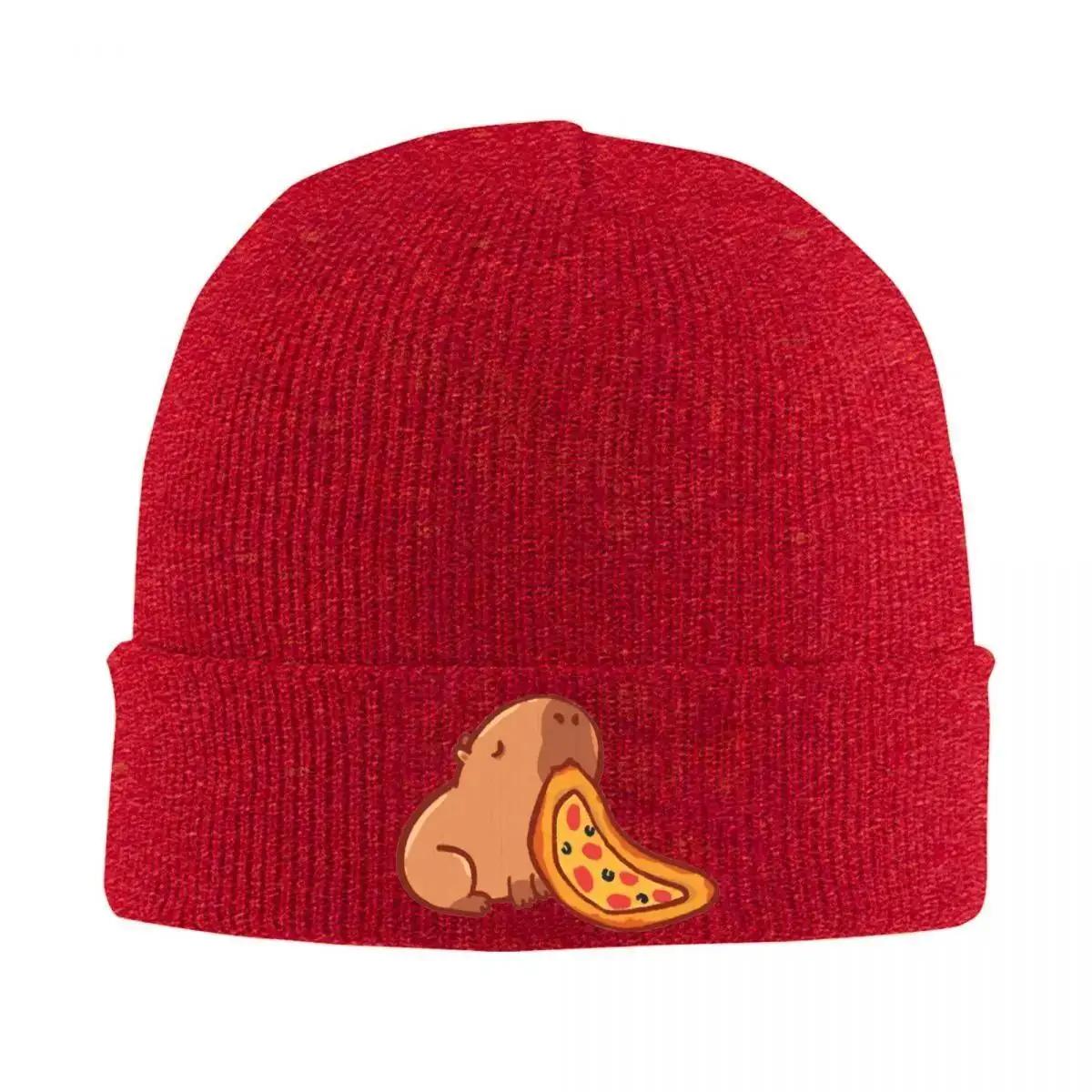 

1pc Anime Capybara Eating Pizza Beanie Hat Acrylic Knit Fabric, Lightweight, Stretchable, Toggle Closure, Hand Washable One-size