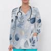 Women Plus Size Multicolor Printed V Neck Long Sleeve Scrub Top With Front Pockets