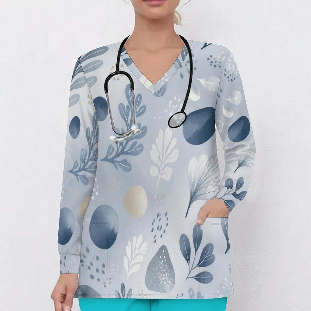 Women Plus Size Multicolor Printed V Neck Long Sleeve Scrub Top With Front Pockets