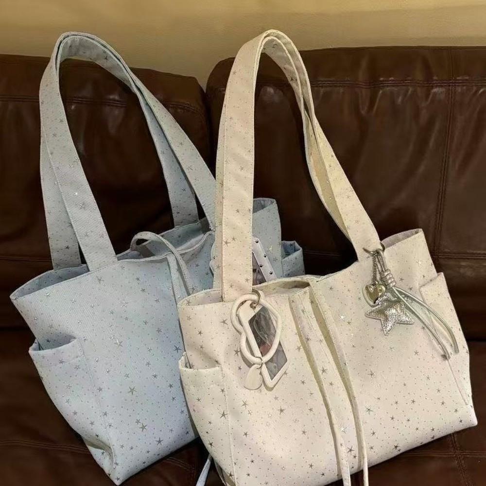 New Canvas Material Tote Bag Large Capacity Korean Style Shoulder Handbag Star Rhinestone Shopping Tote Bag Commute