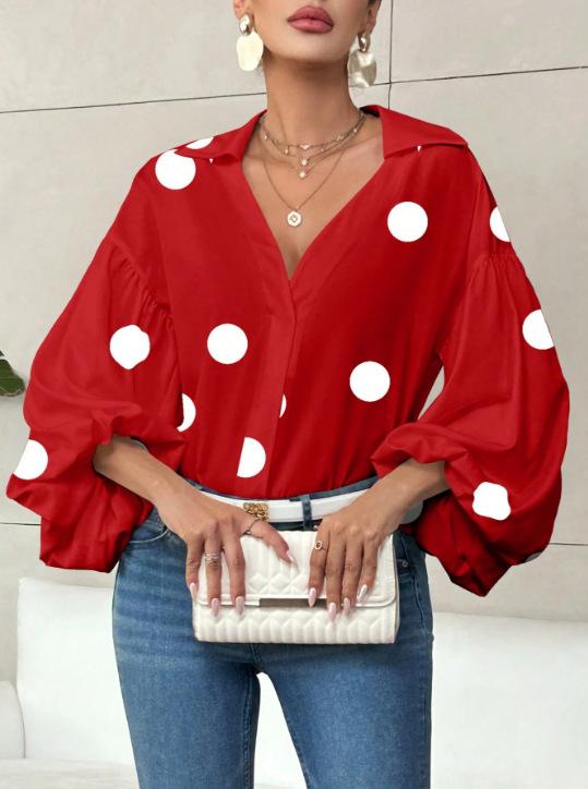 Women's Polka Dot V Neck Oversized Blouse Puff Long Sleeve Loose Shirt