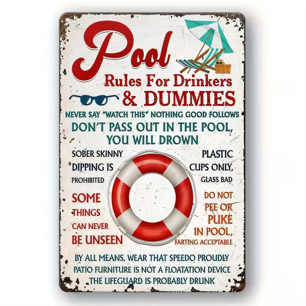 Blechschild Poolregeln für Trinker Dummies Lustiges Vintage Metallposter Wanddekor für Terrasse Bar Garage Man Cave Humorvolle Erinnerung