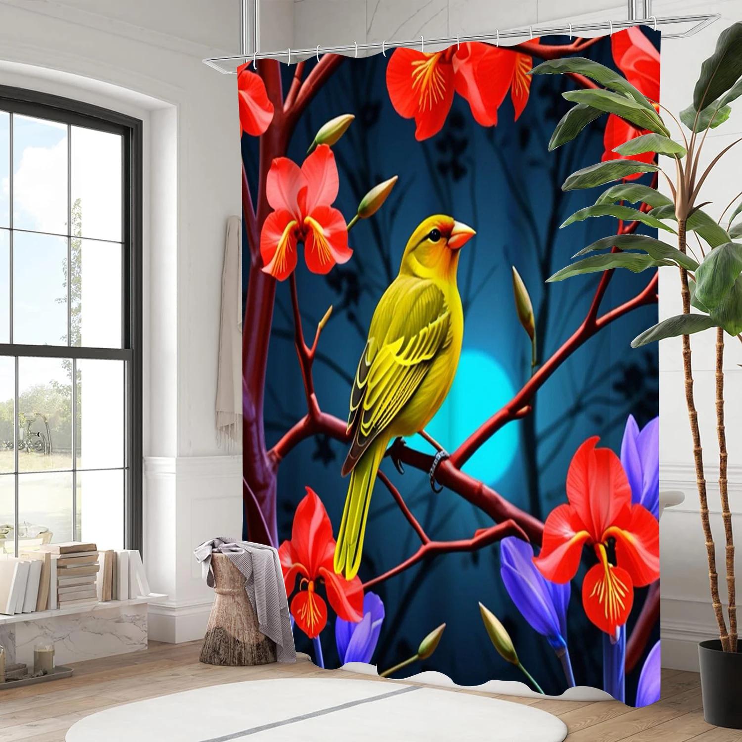 

Floral And Birds Pattern Bathing Curtain Bathroom Shower Curtain Waterproof With 12 Hooks Home Deco W60H190(CM)-1 Pcs