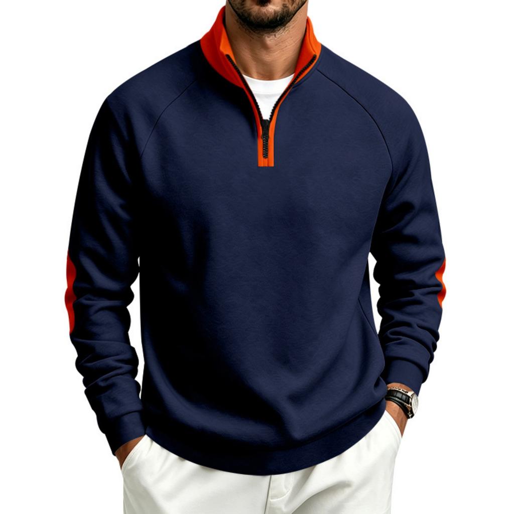 Men's Casual Half-Zip Sweatshirt with Color Block Patches and Stand Collar for Fall Winter
