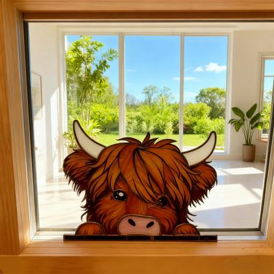 Highland Cow Window Corner Decoration 3D Printed Peeping Highland Cattle Home Office Living Room Door Window Frame Ornament