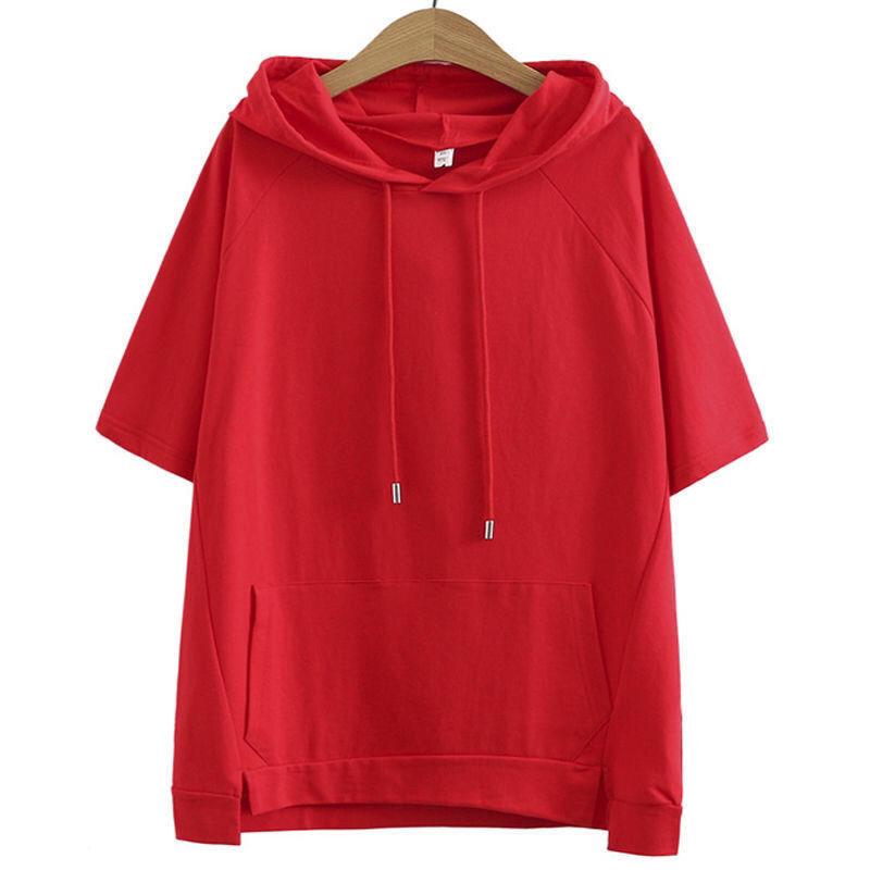 Sommer Damen Koreanische Version des Kapuzenoberteils Einfarbig Lässiger Stil Kurzarm T-Shirt Große Größe Kapuzenpullover T-Shirt