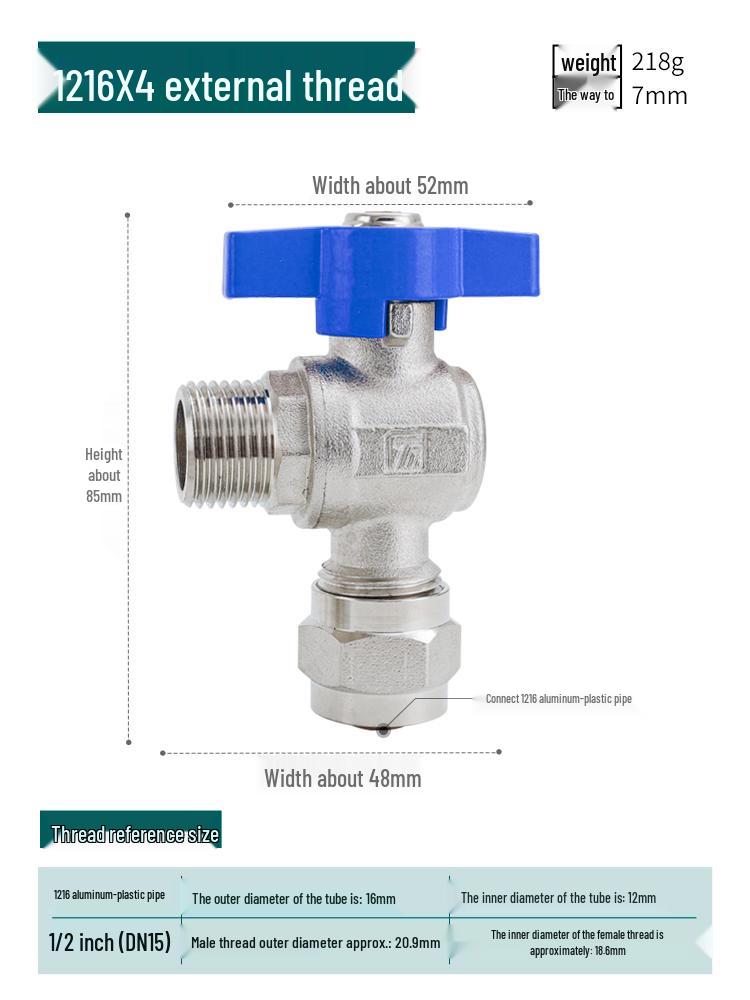 All-Copper Large Flow Angle Gas Pipe Boiler Ball Valve with Aluminum-Plastic Pipe External Thread (4-point, 6-point)