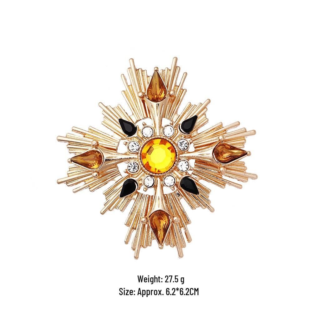 Vintage Western Crystal Rhinestone Starburst Cross Brooch Pin золотой