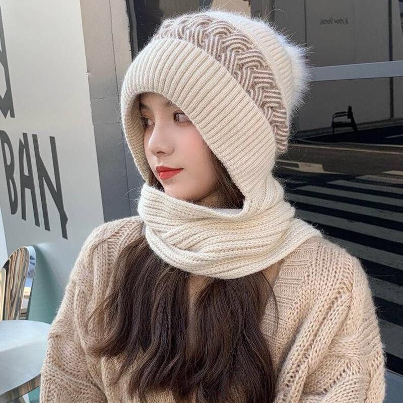 Women'S Korean Hooded Scarf Winter Hats Woman Cold Protection Warm Scarf Hat Cute Fur Ball Ear Protection Thickened Knitted Hat