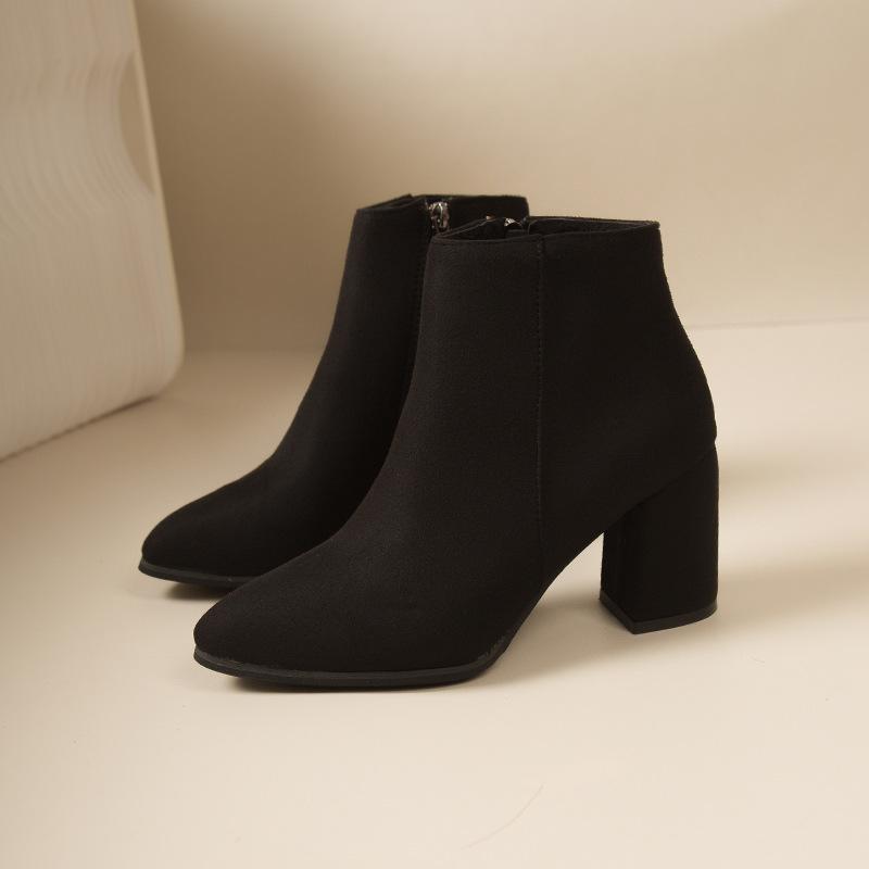 Damen Wildlederschuhe Herbst und Winter spitze Zehen dicker Absatz Martin Stiefel Seitenreißverschluss Damenmode wasserdicht Tischmode vielseitig