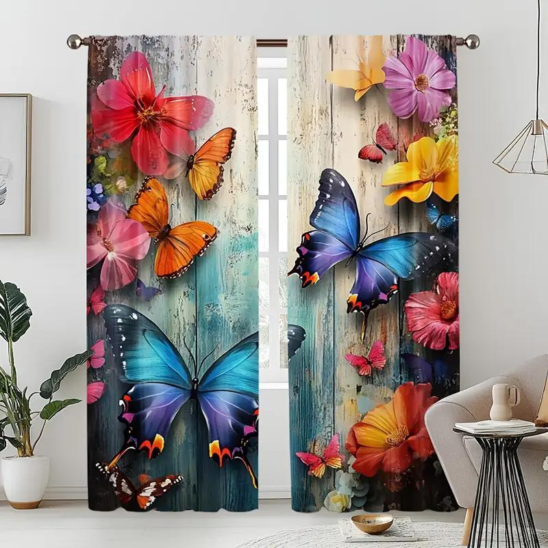 

2 шт. - Яркие шторы с принтом бабочек и цветов, шторы с кулиской, для спальни и гостиной, украшение дома, украшение комнаты 29Wx64L(75x166CM)x2
