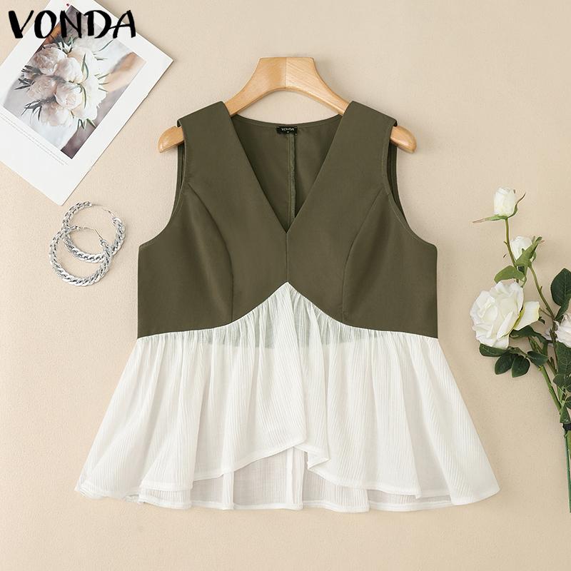 

VONDA Women V Neck Sleeveless Ruffled Patchwork Casual Tank Tops 5XL армія зелений колір