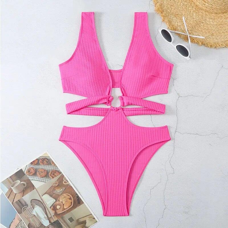 Women'S Sexy  Hollowed Out Bikini Solid Color One Piece Swimsuit Fashion Party Club Beach Push Up Bikinis Swimwea