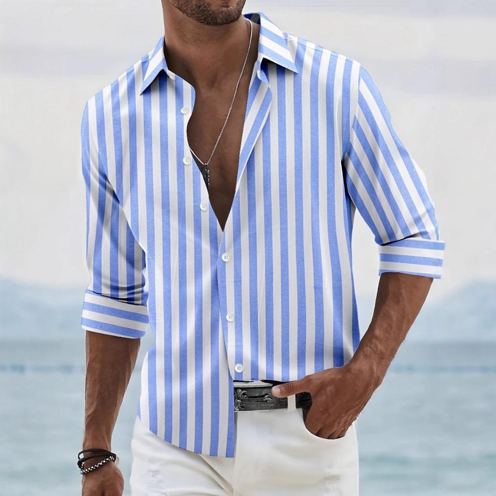 

New Men s Long Sleeved Blue Stripe Printed Shirt Social Luxury Cotton and Linen Men s Wear Hawaii Elegant Classic Fashion Solid Color 3XL синій