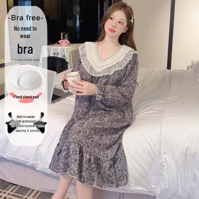 2025 V-Neck Pearl Cotton Long Sleeve Nightgown with Chest Pad – Spring/Autumn Oversized Sleep Dress for Indoor/Outdoor Wear