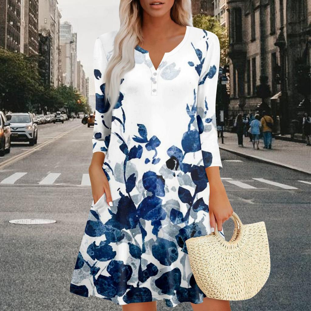 Women's Summer Dress Loose V Neck Three-quarter Sleeve Sundress With Pockets Dress